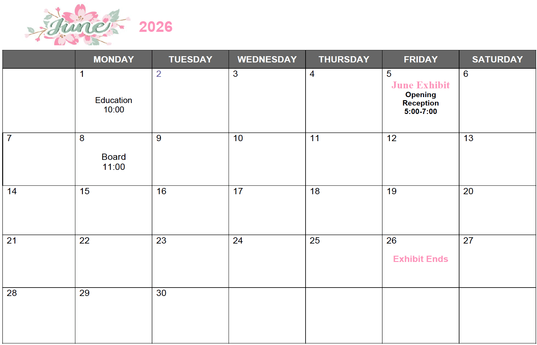 June 2026 Calendar